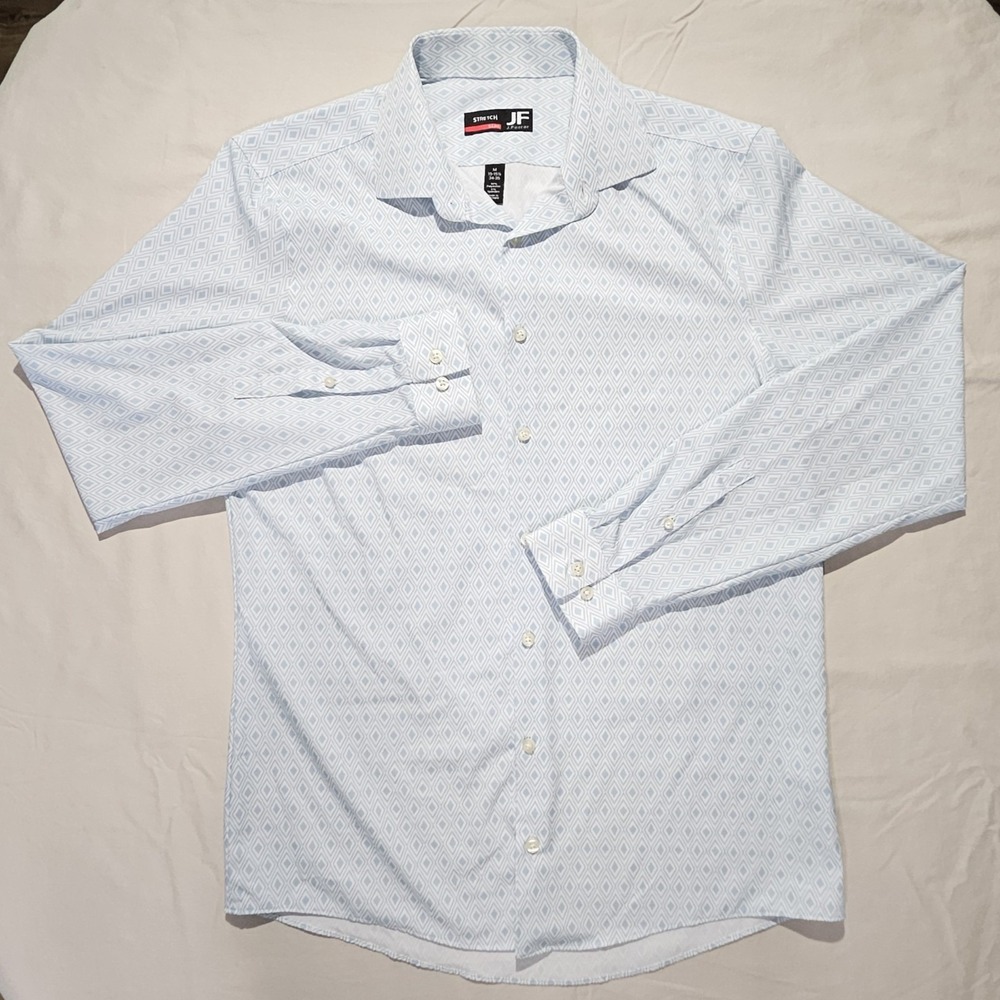 JF J. Ferrar Stretch Slim Fit Dress Shirt Mens Medium 15-15.5‎ Blue Geometric